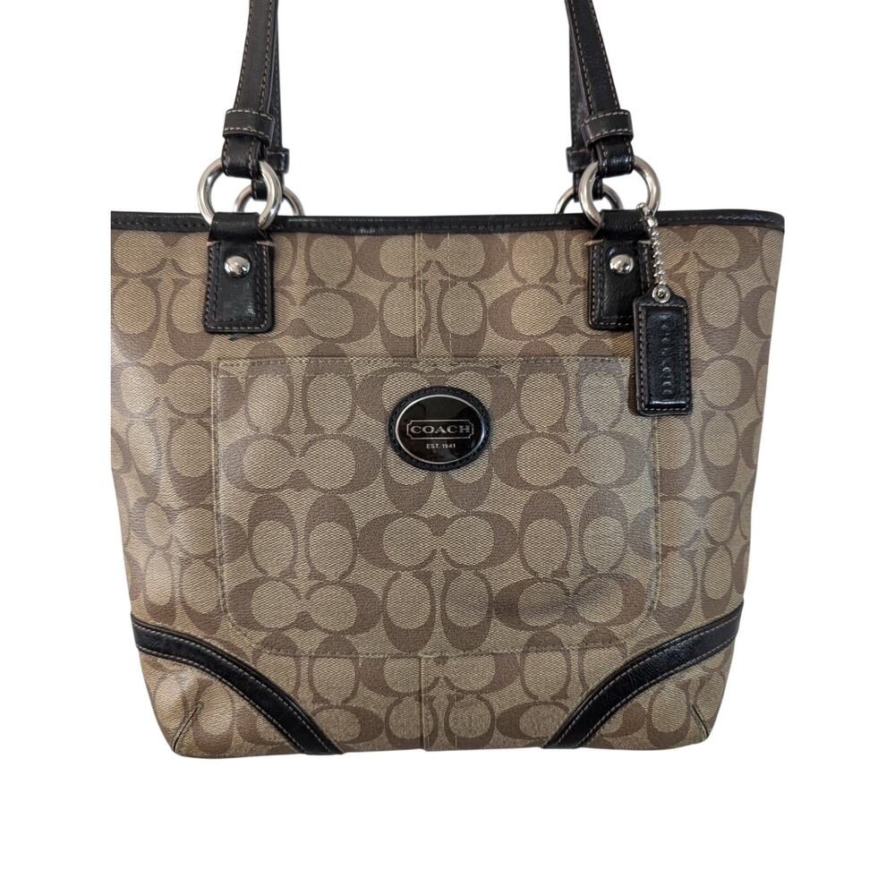 COACH! LUXE BROWN GENUINE LEATHER & TAN MONOGRAM PEYTON HANDBAG, PURSE, BAG! - Picture 3 of 14